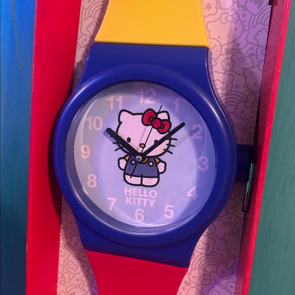 Rare Hello Kitty Red Yellow and Blue Watch Wall Clock 36.5” Long BRAND NEW - Picture 3 of 8